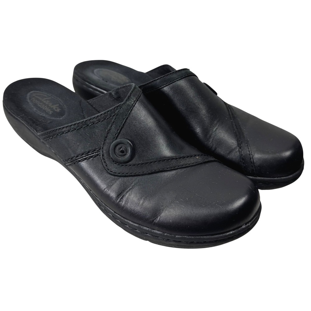 Clarks Bendables‎ Mules Women 10N Black Leather Slip On Clogs Comfort Office